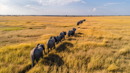 A line of elephants trekking across a vast savanna, with the first elephant confidently leading the...