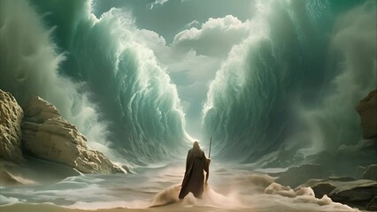 Moses parting the Red Sea, with towering walls of water on either side and a path emerging through the sea bed.