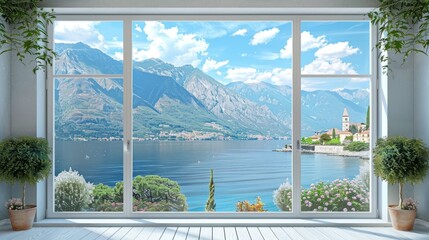 A window overlooking a beautiful lake with mountains in the background