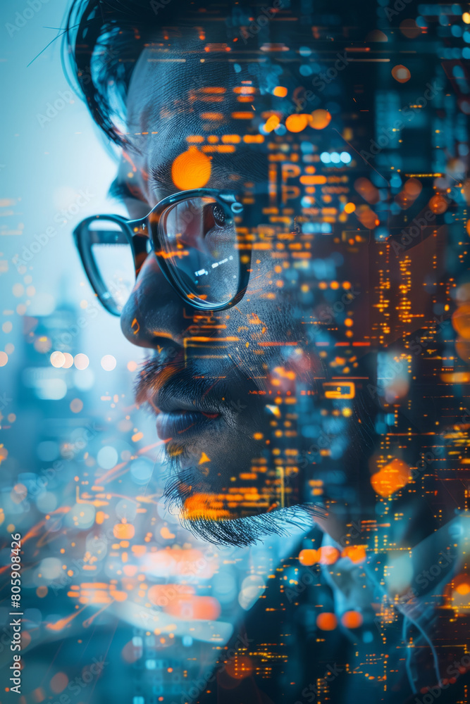 Poster double exposure of businessperson with digital data stream, symbolizing tech processes.