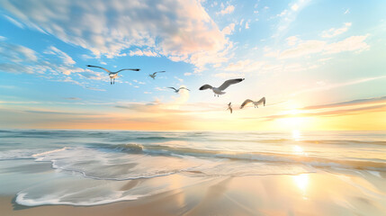 A flock of seagulls soars gracefully over a tranquil beach at sunset, their wings outstretched as they glide on the gentle ocean breeze. The leading seagull descends towards the sandy shore, symbolize