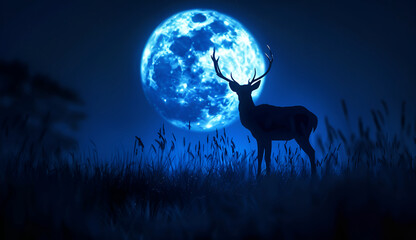 Naklejka premium Silhouette of a deer with blue full moon at night 