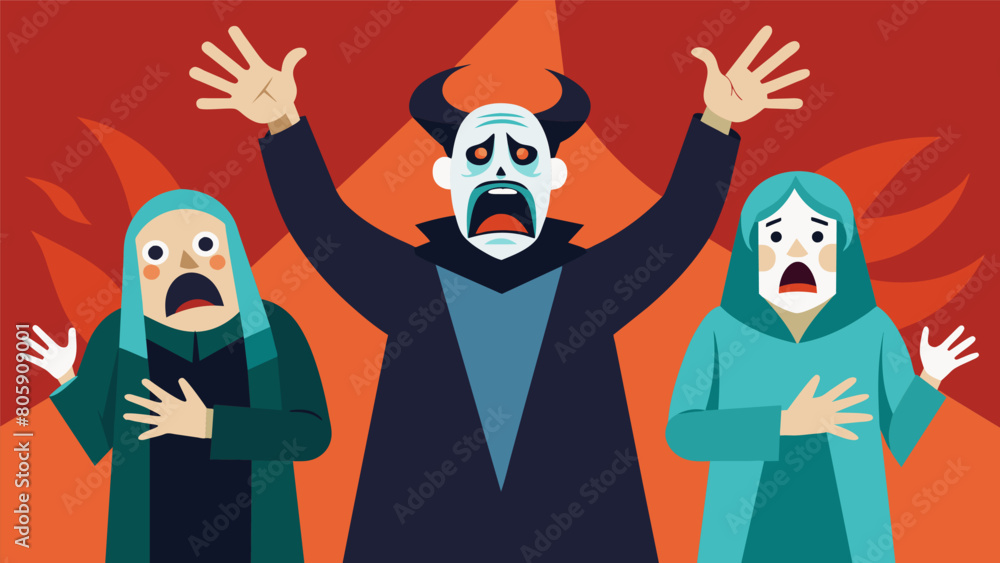 Poster costumed figures with exaggerated facial features of fear and paranoia act out exaggerated gestures 