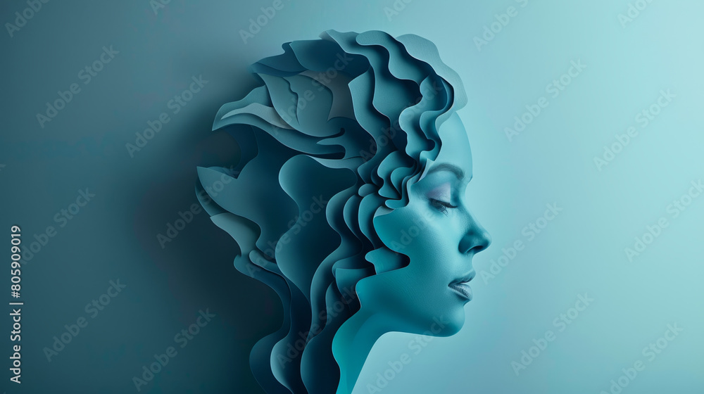 Poster visual metaphor showing deep thoughts and mental health issues with a paper brain.
