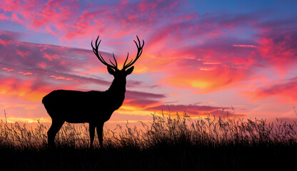 Silhouette of a deer with dawn sky	

