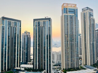 Skyscrapers view at the sunset time