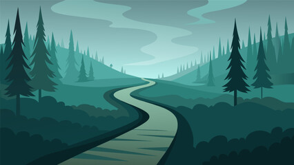 Fototapeta premium The trail winds through thick fog and dense forests mirroring the mental and emotional turmoil that accompanies the pursuit of Stoic virtues.. Vector illustration