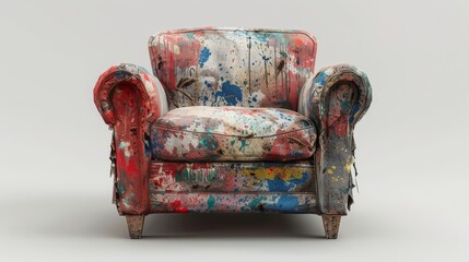 A chair with a colorful paint splatter design