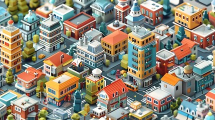Bustling Isometric City Landscape with Intricate Architectural Details and Vibrant Color Scheme