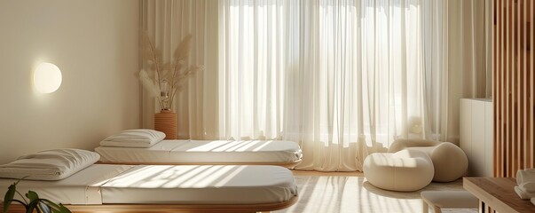 Minimalist design of a sleep therapy room, with a focus on soft textures and a tranquil, clutterfree space