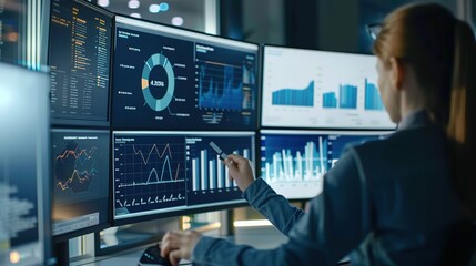 Analysts use computers and dashboards for business analysis, data and data management systems with KPIs and indicators connected to databases for technology finance.
