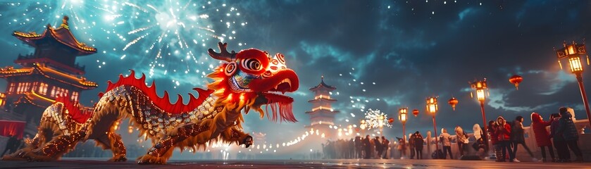 Vibrant Chinese New Year with Dragon Dancers and Fireworks in Beijing Cityscape