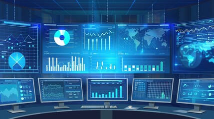 Analysts use computers and dashboards for business analysis, data and data management systems with KPIs and indicators connected to databases for technology finance.