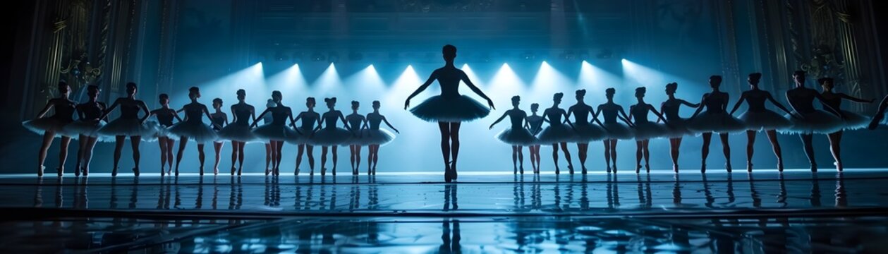 Russian Ballet Ensemble Performing a Classical Swan Lake Production on Stage with Dramatic Lighting