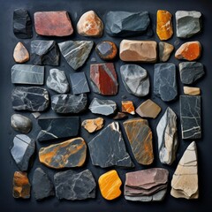 Naklejka premium A collection of various types of rocks and stones in different colors and textures arranged on a black background.