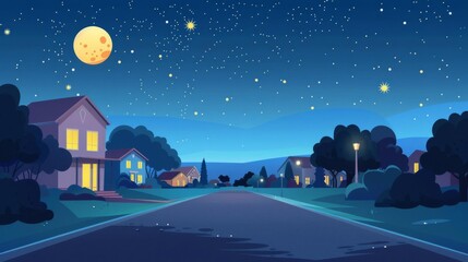 Relaxing nighttime scene in flat design, showing a quiet street under a starry sky, promoting peaceful sleep