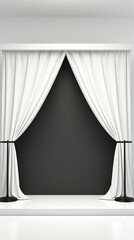 A pair of white curtains pulled back to reveal a plain black background.