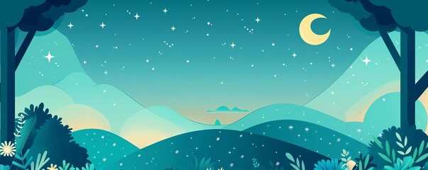 Sleep aid supplement ad in flat design, with serene imagery of nighttime and stars, using soft, soothing colors