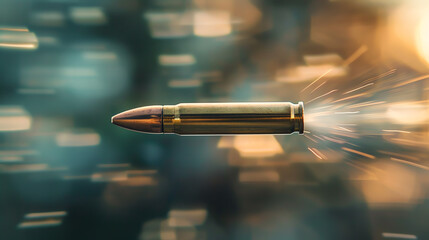 A single bullet is fired from a gun. The bullet is in mid-air, and the background is blurred. The bullet is spinning, and the rifling of the gun can be seen on the bullet.