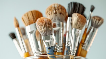 A collection of makeup brushes are displayed in a jar