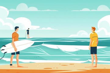 Surf instructor on a sunny beach in flat design, with surfboards and waves, teaching enthusiastic beginners