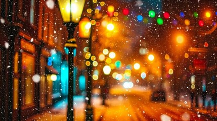 Winter night city in bokeh lights defocused background