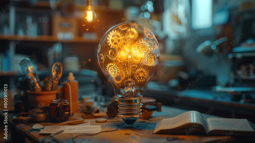 Poster creative workspace with symbolic lightbulb made of gears and wires