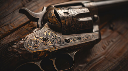 A beautiful engraved revolver. The gun is made of metal and has a wooden handle. The engraving is intricate and features floral patterns. The revolver is lying on a wooden table.
