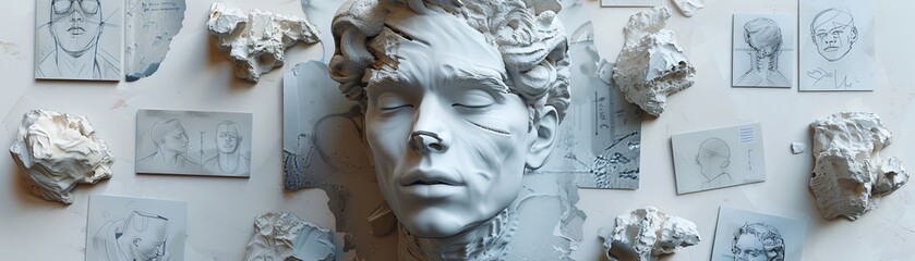 A man's head is surrounded by a pile of papers