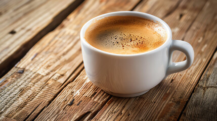 A cup of coffee on a wooden table. The coffee is steaming and the cup is white. The background is blurry and there is a warm, inviting feeling to the image.