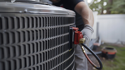 A technician is servicing an air conditioning unit.