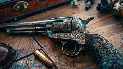 A close up of an old west revolver with ornate engravings on the barrel and handle. The gun is lying on a wooden table with a box of bullets in the background.