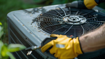 A technician in yellow gloves repairs an air conditioning unit.