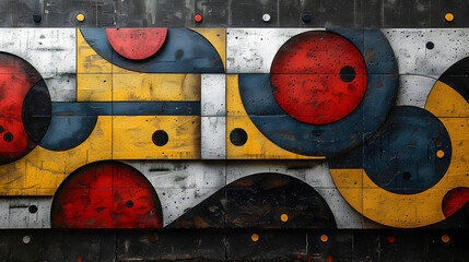 Naklejka premium Abstract Geometric Street Art with Vibrant Colors and Circular Forms on Concrete