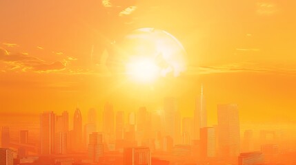 A large glowing sun hangs in the sky above a city