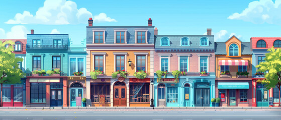 Urban street with rows of shop buildings, vintage architecture, cityscape background vector illustration