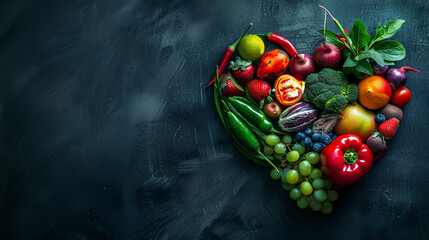 A variety of fruits and vegetables are arranged in the shape of a heart. The image is set against a...