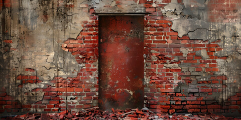 rusty old door with brick wall and metal doorknob Textured stone background. Stone wall texture. - obrazy, fototapety, plakaty