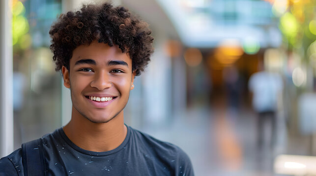 Confident African American Teenage Boy Smiling in an Outdoor Shopping Mall Setting, Copy Space for Text