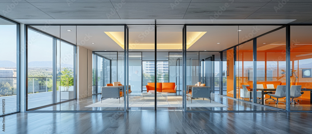Poster sleek and efficient modern office workspace with glass partitions.