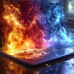 Fiery and Icy Effects Emanating from a Laptop