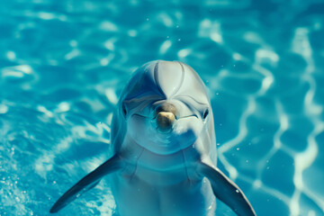 a dolphin is swimming in the water and looking at the camera. Generative AI
