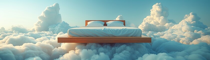 A bed is floating in the sky with clouds surrounding it