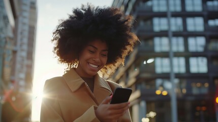 A young woman with an afro is looking at her phone. She smiles as she reads these messages on his smartphone while standing outside near some buildings. - Powered by Adobe