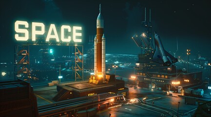 The rocket launch pad and spacecraft hangar in a futuristic background.