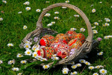 Close-up of reed basket with handpainted easter eggs in grass field. 