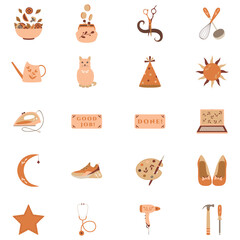 Vector daily life icons.  Daily routine, home, work, children, entertainment, sports, food and cooking, car, road, pets, shopping, clothes, cleaning, gardening, reading