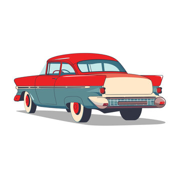 Classic car colorful cartoon illustration side view. Vintage automobile red top teal body isolated white background. Retro vehicle 1950s design chrome details tail fins