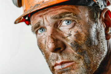 Portrait of a miner with helmet and dirty face, white background