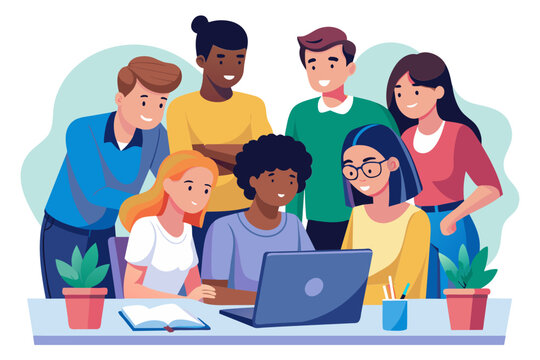 Focused young multiethnic coworkers discussing online project pointing hand at laptop speaking talking at workplace Mentor training intern at computer showing professional online application work